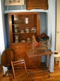 Hutch, childs chair, hospital table, childs wicker buggy with original umbrella, Victorian