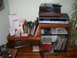 8 track tape player, turntable, albums