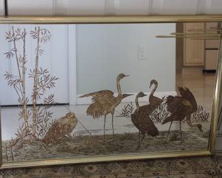 Vintage Oriental Asian Hollywood Regency Wall Mirror  with Etched Gold Crane Birds