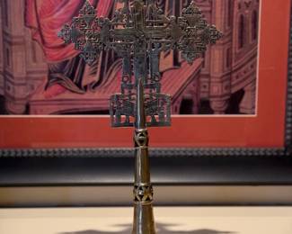 Ornate Silver Crozier Crucifix Head with Religious Figures from Top of Bishop's Pastoral Staff