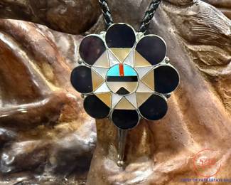 Signed Zuni ALISON DISHTA Sun Face Handmade Multi Stone Sterling Silver Bolo Tie