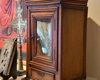Antique Wood Eucharistic Altar Case Safe with Lock, Key and Drawer