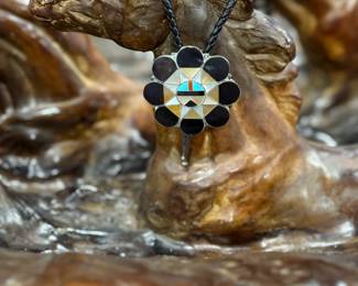 Signed Zuni ALISON DISHTA Sun Face Handmade Multi Stone Sterling Silver Bolo Tie