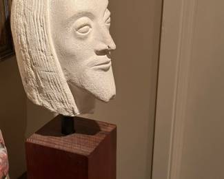 Stone Carved Bust of Jesus on Wood Block Stand