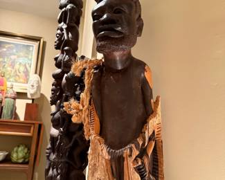 Hand Carved Wooden Sculpture African/New Guinea Village Male Balancing Bowl with Harvest