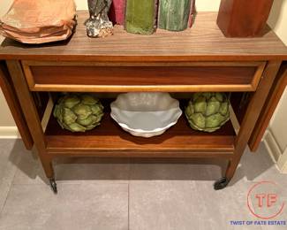 Mid-Century Modern Walnut LANE Altavista Virginia Drop Leaf Rolling Bar Cart with Drawer