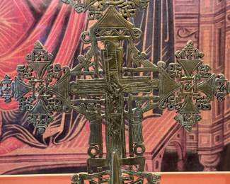 Ornate Silver Crozier Crucifix Head with Religious Figures from Top of Bishop's Pastoral Staff