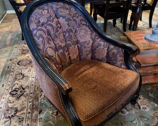 Country French Distressed Ebonized Barrel Back Lounge Chair