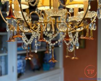 Modern Gilt Colony Chandelier with Gold Leaf Finish, Acanthus Leaf Details, Chinese Chippendale Accents, and Cut Crystals