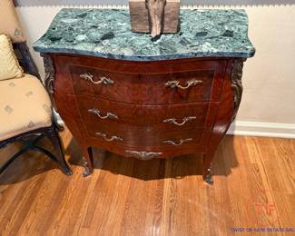 Bombe French Louis XV Three Drawer Chest with Green Marble Top