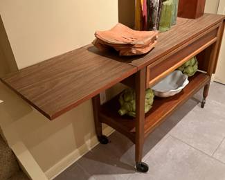 Mid-Century Modern Walnut LANE Altavista Virginia Drop Leaf Rolling Bar Cart with Drawer
