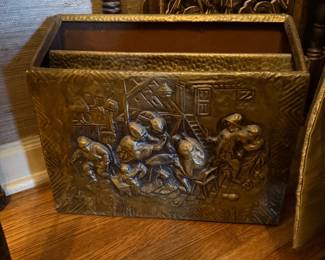 Vintage Magazine Rack Brass and Wood Repousse
