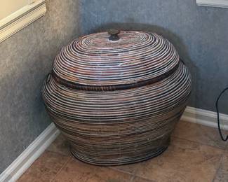 Vintage Costal Washed Pencil Reed Lidded Floor Basket