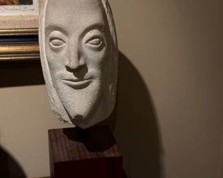 Stone Carved Bust of Jesus on Wood Block Stand