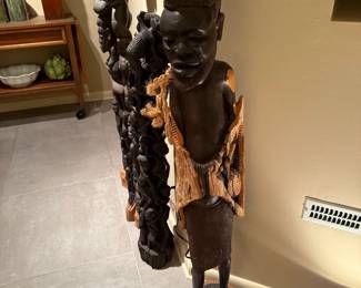 Hand Carved Wooden Sculpture African/New Guinea Village Male Balancing Bowl with Harvest