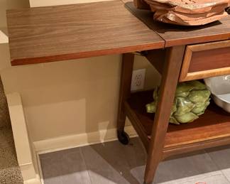 Mid-Century Modern Walnut LANE Altavista Virginia Drop Leaf Rolling Bar Cart with Drawer
