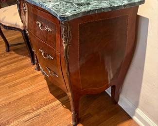 Bombe French Louis XV Three Drawer Chest with Green Marble Top