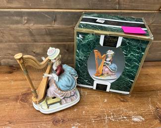 Waco Melody in Motion Lady Playing Harp Bisque Porcelain Figurine