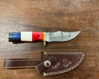 Hunting Knife w/ Brass Guard & Red White Blue Handle w/Sheath
