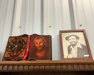 Jeasus Portrait Open Book Lacquered Wood Clock & Signed Boxcar Willie Print