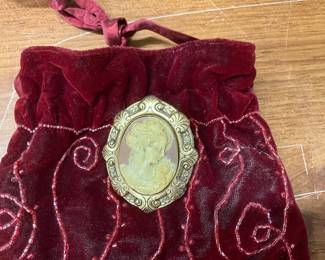 Beaded Cameo Velvet Drawstring Purse / Pouch