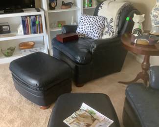 The 2 navy blue club chairs with ottomans.