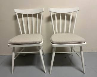 (2pc) Crate & Barrel Chairs | Crate & Barrel white painted kitchen chairs with cushions; h. seat 18.5 in. - h. 36 x w. 18 x d. 18 in 



