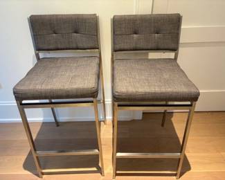 (2pc) Counter-Height Stools | Counter-height stools with gray cushions and chrome frame; seat h. 26 in. seat. - h. 36 x w. 16 x d. 17 in