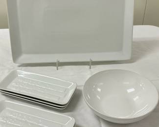 (8pc) Pottery Barn Serving Dishes | Centura Bowl: dia. 8 in. Unmarked Platter: 12 in. x 17 in. 6 Pottery Barn Plates: 6 in. x 9 in. x 4.5 in.
