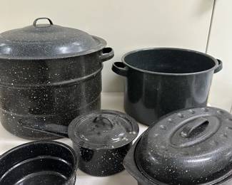(8pc) Enamel Cookware | Large lidded pot with canning insert; Medium lidded pot; Casserole/lidded dish; Sauce pots, one with lid - Large: h. 12 in. x dia. 14 in.  Medium: h. 7 in. x dia. 12 in. Casserole: h. 5.5 in. x w. 12.5 in.  Sauce Pans: h. 3 in. x w. 6 in.
