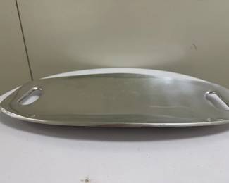 Nambé Silver Tray | Vintage (1992) handcrafted, tarnish free Nambé silver alloy serving tray with handles. - h. 1.5 x w. 19 x d. 9.25 in


