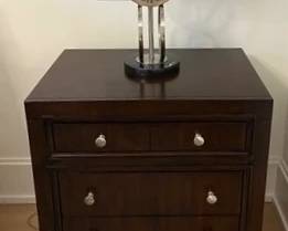 (2pc) Hooker Bedside Tables | Hooker bedside/nightstand tables with three drawers. -  h. 28 x w. 26 x d. 18 in