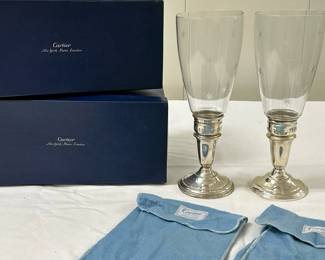 (1pc) Cartier Sterling Silver Hurricanes | Cartier sterling silver etched glass with stars, includes original box and Cartier pouch. -  h. 10.5 x w. 3.5 x l. 3.5 in