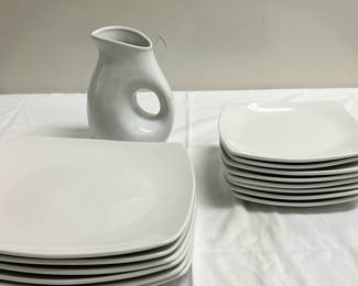 (15pc) Dinnerware & Pitcher | Square dinner plates (dia. 11 in.) Salad plates (dia. 8 in.) Pitcher (h. 8 in.)
