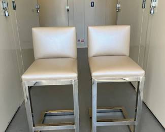 (2pc) Faux Leather & Chrome Stools | Faux leather upholstered stools with chrome frame; seat h. 26 in. - h. 37 x w. 16 x d. 20 in