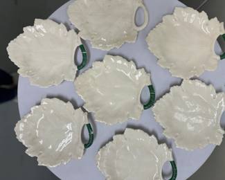 (7pc) Leaf-Shaped Plates | Leaf-shaped salad plates, white with green accent (unmarked) - w. 8.5 x d. 7.5 in
