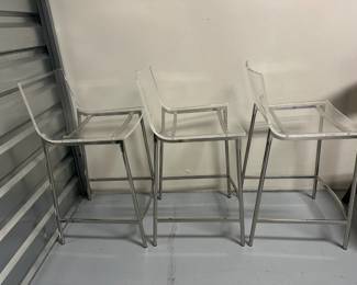 (3pc) Lucite & Chrome Stools | Lucite stools with chrome frames; seat h. 24 in. - h. 34 x w. 17.5 x d. 20 in