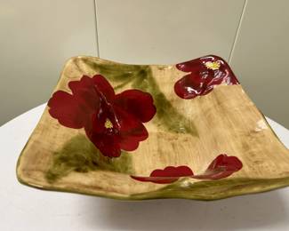 Giftcraft Footed Bowl | Giftcraft Inc. "Oasis Collection" red floral ceramic footed bowl. - w. 11 in