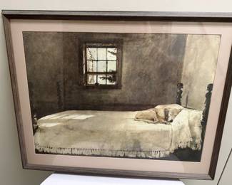 Artwork - Master Bedroom | Painting of a dog asleep on a four-poster bed. Not signed by the artist, "Andrew Wyeth". Artwork measures: 18 x 24.5 in. - h. 24 x w. 30 in (frame)