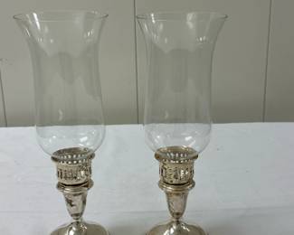 (2pc) Sterling Silver Hurricanes | Sterling silver base with glass hurricane. - h. 11 x w. 4 in