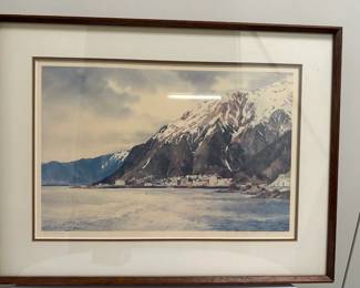 Artwork - Juneau, Alaska | Lithograph of Juneau, Alaska in matted frame. Signed by artist: "N.Taylor Stonington". Artwork measures: 12.5 x 18.5 in. -  h. 19 x w. 24.5 in (frame)
