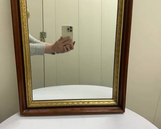 Wood & Gilt Mirror | Heavy wood mirror with wooden frame and gold gilt details on inner frame. - h. 19.5 x w. 15.5 x d. 2 in

