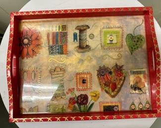 Decoupage Art Serving Tray | Cynthia Carey wood lacquered decoupage serving tray. Signed by artist: "Cynthia Carey, Tray Chic" (2017) - w. 18 x d. 14 in
