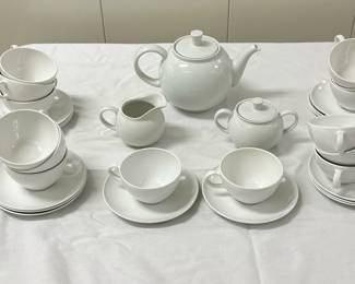 (32pc) Ceramic Tea Set | Pitcher: 5 in. x 9 in.
Sugar: 5.5 in. x 3.5 in.
Creamer: 5 in. x 3.5 in.
14 Teacups: 3.5 in.
14 Saucers: 6 in.