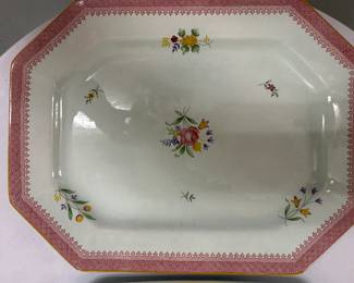 (2pc) Calyx Ware Platters | Calyx Ware Lowesoft Adams English ironstone serving platters with pink floral details and gold trim. -  w. 14 x d. 10.75 in
