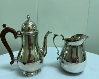 Reed & Barton Tea Set | Reed & Barton silverplate creamer (6 in.) and English silverplate (unmarked) tea pot (h. 7.5 in.)

