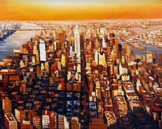 Painting - Abstract NYC | Modern, abstract, oil-on-canvas painting of New York City in gold frame. Not signed by artist. Artwork measures: 24.75 x 36 in.