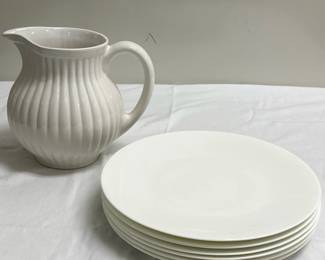 (6pc) Crate & Barrel Plates | Crate & Barrel dinner plates: dia. 11 in. FP Home ribbed pitcher: h. 8 in. 

