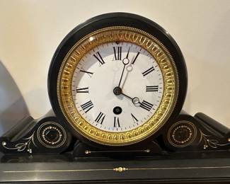 Marble Mantel Clock | Antique Victorian black marble mantel clock with gold details. - h. 10 x w. 15.5 in