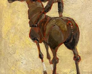 Painting - Horse & Rider | Vintage (1960's) oil painting of a horse and rider in dark wood frame. Signed by artist: "Braswell". Artwork measures: 29 x 22.5 in.  -  h. 29 x w. 41 in (frame)